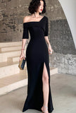 solvbao Black One Shoulder Slit Long Evening Dress, Black Formal Dress Prom Dress