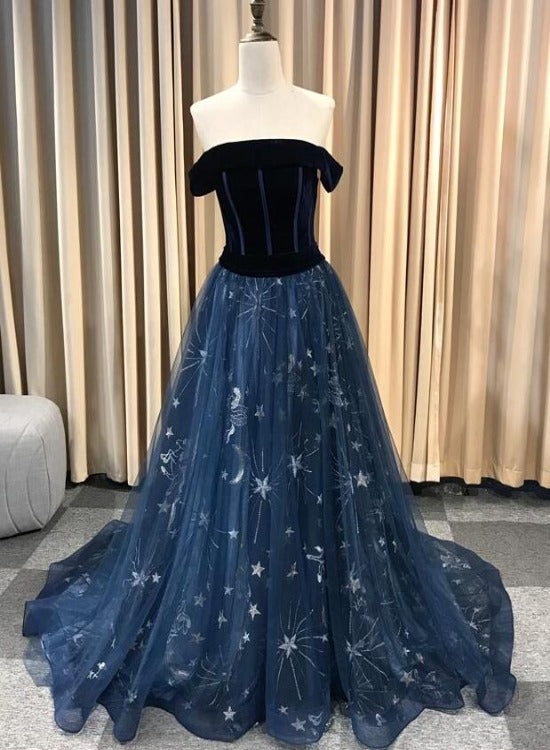 Solvbao Navy Blue New Style Long Off Shoulder Prom Dress, A-line Formal Dress, Evening Dress