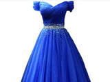 Solvbao Blue Off Shoulder Beaded Sweetheart Party Dress, Blue Prom Dress Evening Gown