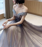 solvbao Dark Grey Tulle with Lace Applique Sweetheart Long Prom Dress, A-line Off Shoulder Party Dress