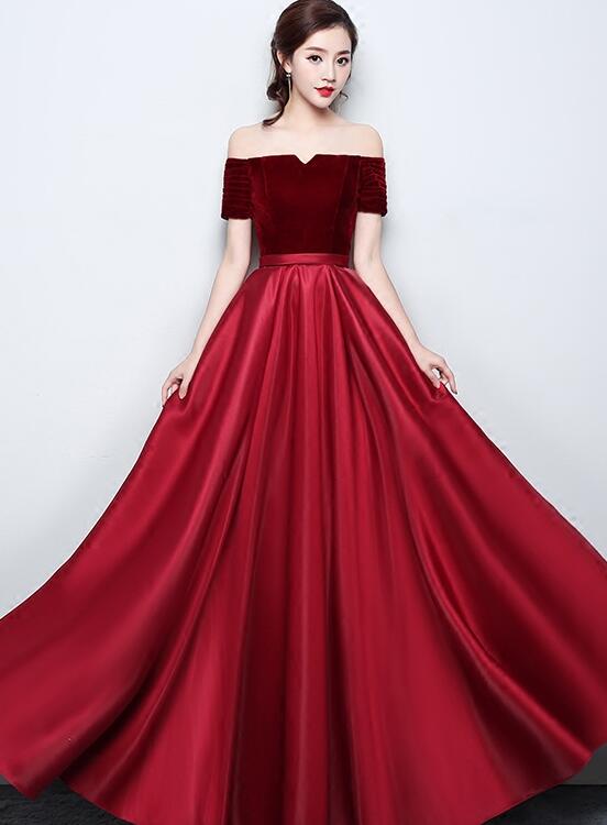 Solvbao Wine Red Satin with Velvet Prom Dress, Off Shoulder A-line Formal Dress Evening Dress