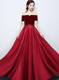 Solvbao Wine Red Satin with Velvet Prom Dress, Off Shoulder A-line Formal Dress Evening Dress