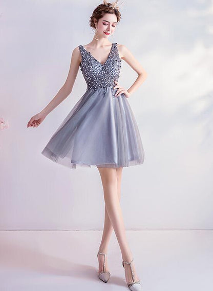 Solvbao Sliver-Grey Beaded Short Tulle New Homecoming Dress Party Dress, Grey V-neckline Short Formal Dress