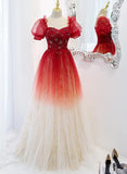 Solvbao Beautiful Gradient Red Tulle Beaded Puffy Sleeves Formal Dress, A-line Tulle Prom Dresses