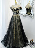 solvbao Beautiful Black Off Shoulder A-line Party Dress with Gold Lace, Black Evening Dresses Prom Dress