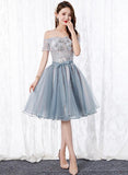 Solvbao Lovely Organza Tulle Grey-Blue Short Sweetheart Lace Homecoming Dress, Short Party Dress