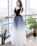 Solvbao Elegant Tulle V-neckline Blue Evening Gown,Blue Formal Dress