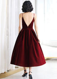 Solvbao Sexy Velvet Dark Red Backless Straps Wedding Party Dress, Burgundy Short Prom Dresses