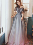 Solvbao Beautiful Off Shoulder Gradient Shiny Tulle Party Dress, A-line Tulle Prom Dresses