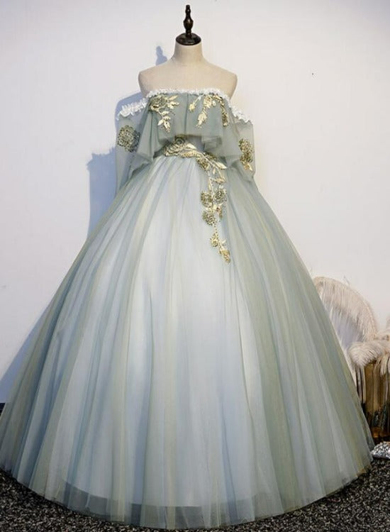 Solvbao Light Green Tulle Long Party Dress Sweet 16 Dresses, Off Shoulder Prom Dresses