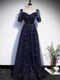 Solvbao Navy Blue Short Sleeves Sweetheart Long Party Dress, A-line Blue Evening Gown