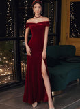 Solvbao Wine Red Velvet Leg Slit Long Prom Dress Party Dress, Mermaid Off Shoulder Gowns