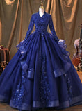 Solvbao Navy Blue Long Sleeves Party Dress Prom Dress, Tulle with Lace Formal Dresses