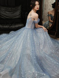 Solvbao Blue Tulle Sweetheart Beaded Long Formal Evening Dress, A-line Tulle Party Dresses