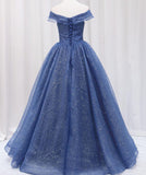 Solvbao Blue Off Shoulder Long Party Dress Evening Gown, Blue Junior Prom Dress