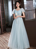 Solvbao Light Blue Short Sleeves Beaded Tulle Long Formal Dress, Blue A-line Prom Dresses