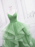 Solvbao Light Green Tulle Layers Long Formal Dress, Green Tulle with Straps Party Dress