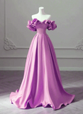 Solvbao Purple Satin Off Shoulder Long Evening Dress, Purple Wedding Party Dress