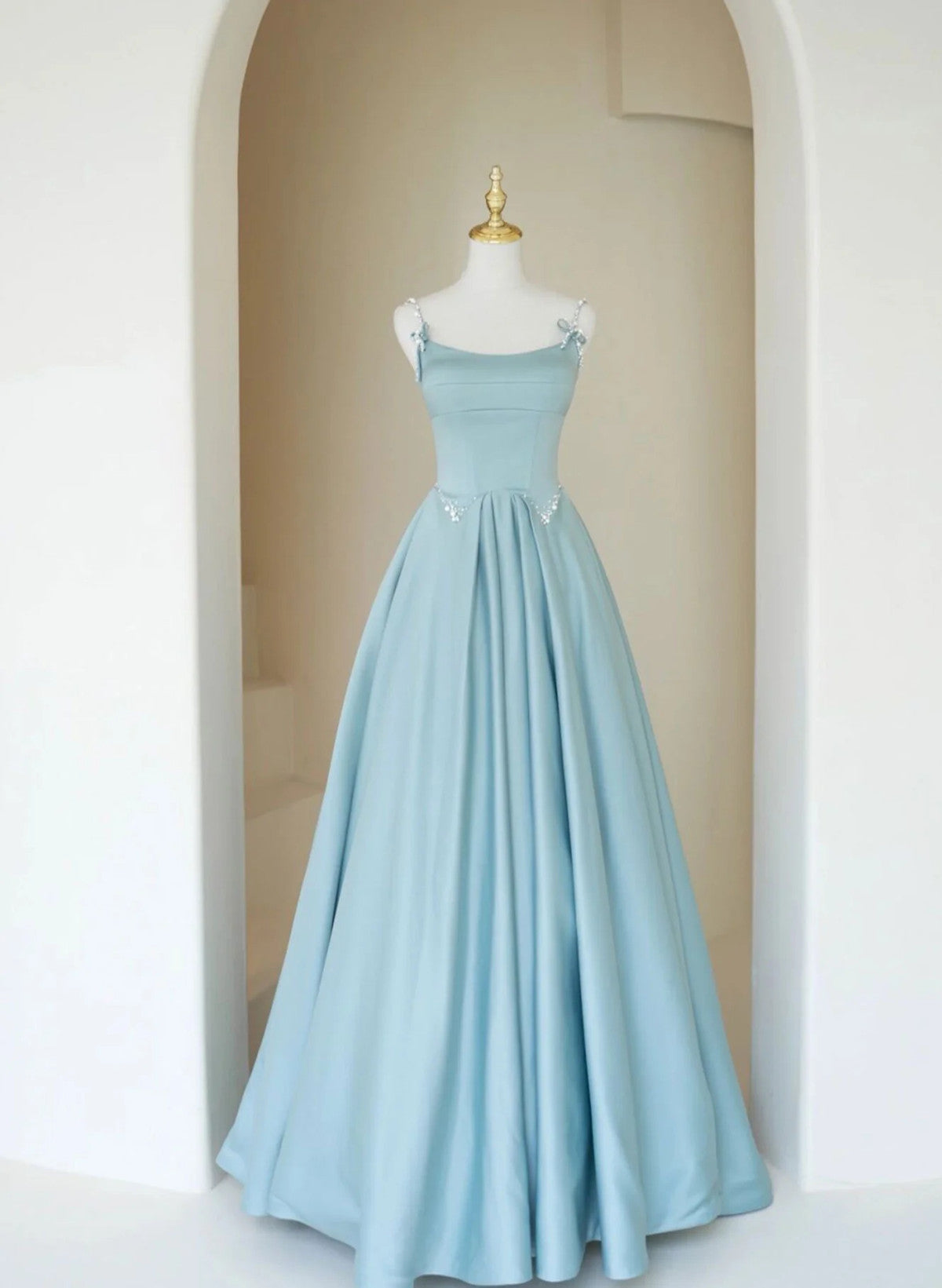 solvbao Blue A-line Satin Beaded Long Prom Dress, Blue Evening Dress Formal Dress