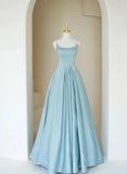 solvbao Blue A-line Satin Beaded Long Prom Dress, Blue Evening Dress Formal Dress