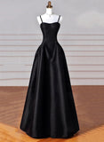 solvbao A-line Satin Black Long Party Dress, Black Sweetheart Straps Prom Dress