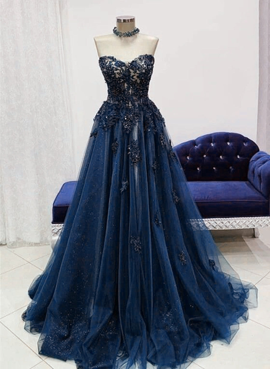 solvbao Navy Blue Tulle with Lace Sweetheart Long Formal Dress, Blue Long Prom Dress