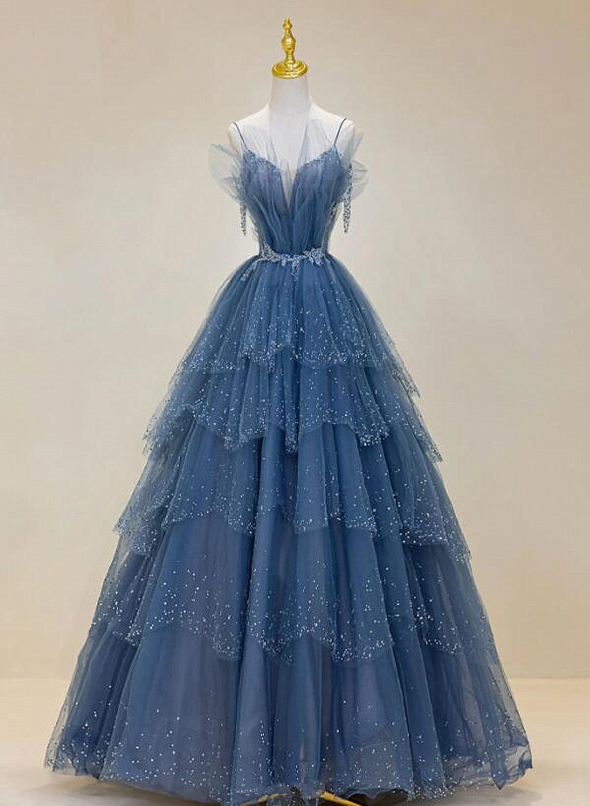 solvbao Blue A-line Beaded Layers Tulle Long Formal Dress, Blue Unique Long Prom Dress