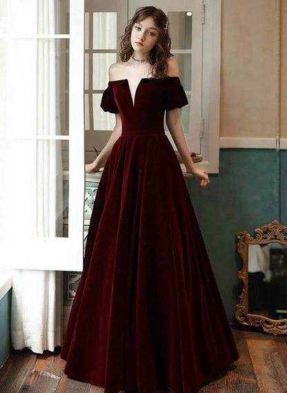 Solvbao Wine Red Velvet Off Shoulder Long Party Dress, A-line Velvet Long Prom Dress