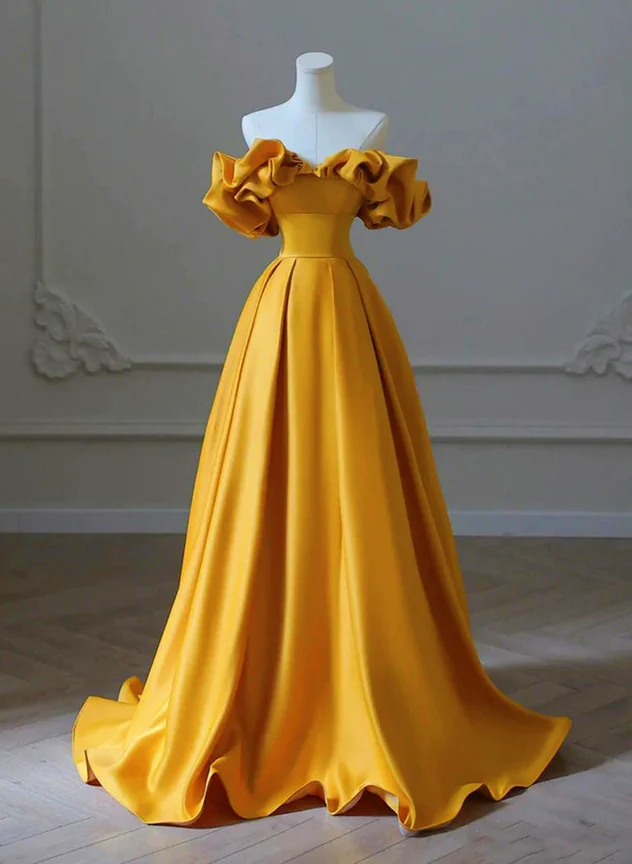 solvbao Charming Gold Satin Long Party Dress, Off Shoulder A-line Prom Dress