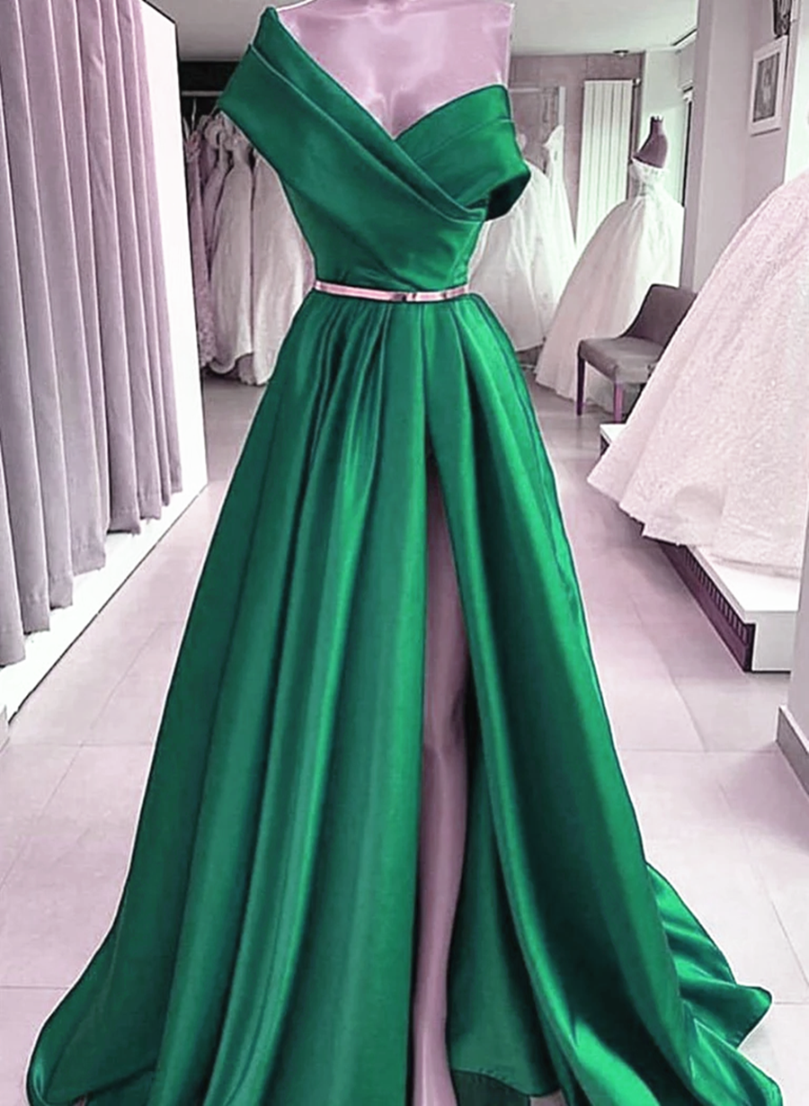 Solvbao Dark Green Satin One Shoulder Long Prom Dress, Green Formal Dress with Leg Slit