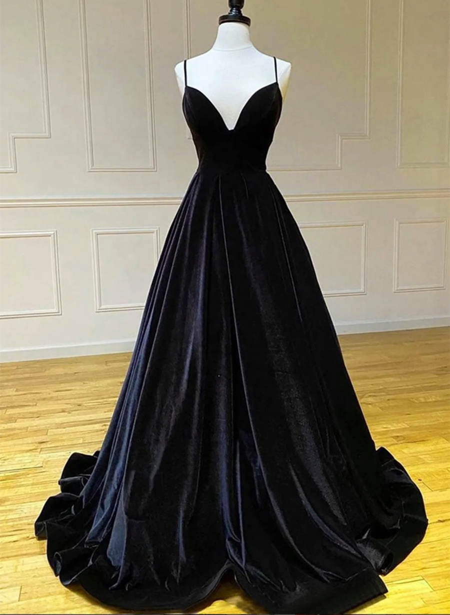 Solvbao Black Velvet Straps V-neckline Long Party Dress, A-line Velvet Prom Dress