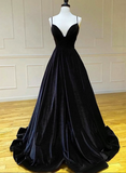 Solvbao Black Velvet Straps V-neckline Long Party Dress, A-line Velvet Prom Dress