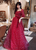 Solvbao Dark Red Short Sleeves Sweetheart Tulle Prom Dress, A-line Dark Red Formal Dress