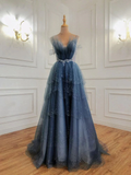 solvbao Blue Beaded Layers Tulle Straps Long Formal Dress, Blue Long Evening Dress Prom Dress