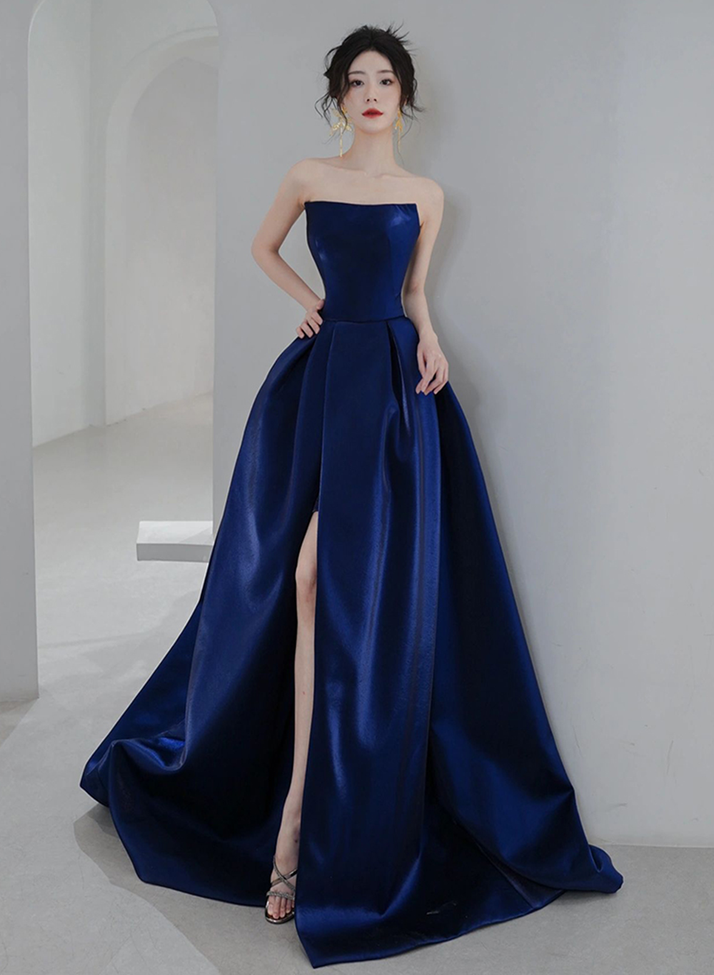 Solvbao Navy Blue Simple Satin A-line Long Prom Dress, Navy Blue Formal Dress Evening Dress