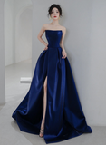 Solvbao Navy Blue Simple Satin A-line Long Prom Dress, Navy Blue Formal Dress Evening Dress