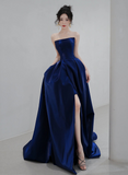 Solvbao Navy Blue Simple Satin A-line Long Prom Dress, Navy Blue Formal Dress Evening Dress