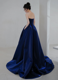 Solvbao Navy Blue Simple Satin A-line Long Prom Dress, Navy Blue Formal Dress Evening Dress