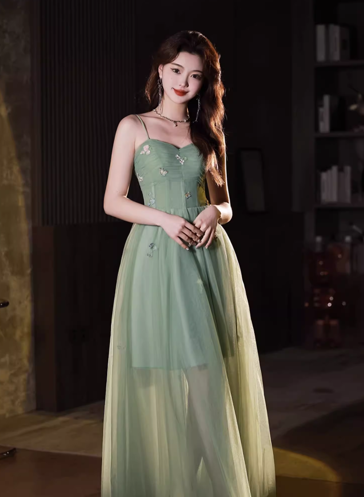 Solvbao Green Tulle Straps Sweetheart Long Formal Dress, Light Green A-line Prom Dress