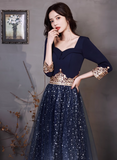 Solvbao Navy Blue A-line Short Sleeves Floor Length Party Dress, Navy Blue Bridesmaid Dress