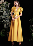 Solvbao Yellow Satin A-line Long Prom Dress with Sleeves, Yellow Floor Length Evening Dress Party Dress