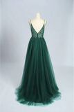 Solvbao Green V-neckline Beaded Tulle Floor Length Party Dress, A-line Green Prom Dress