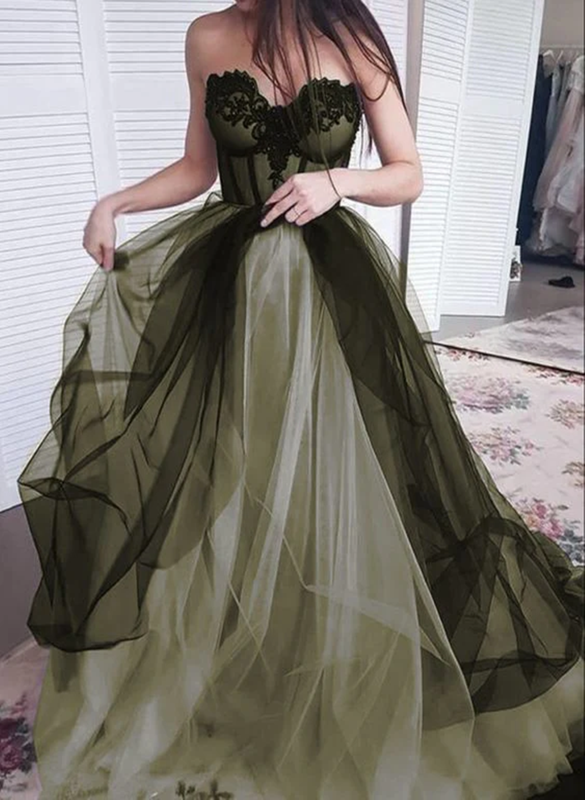 solvbao Black and Green Sweetheart Tulle with Lace Formal Dress, A-line Lace-up Prom Dress