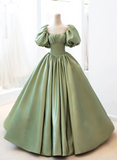 Solvbao Green Satin Short Sleeves Ball Gown Long Formal Dress, Green Sweet 16 Dress