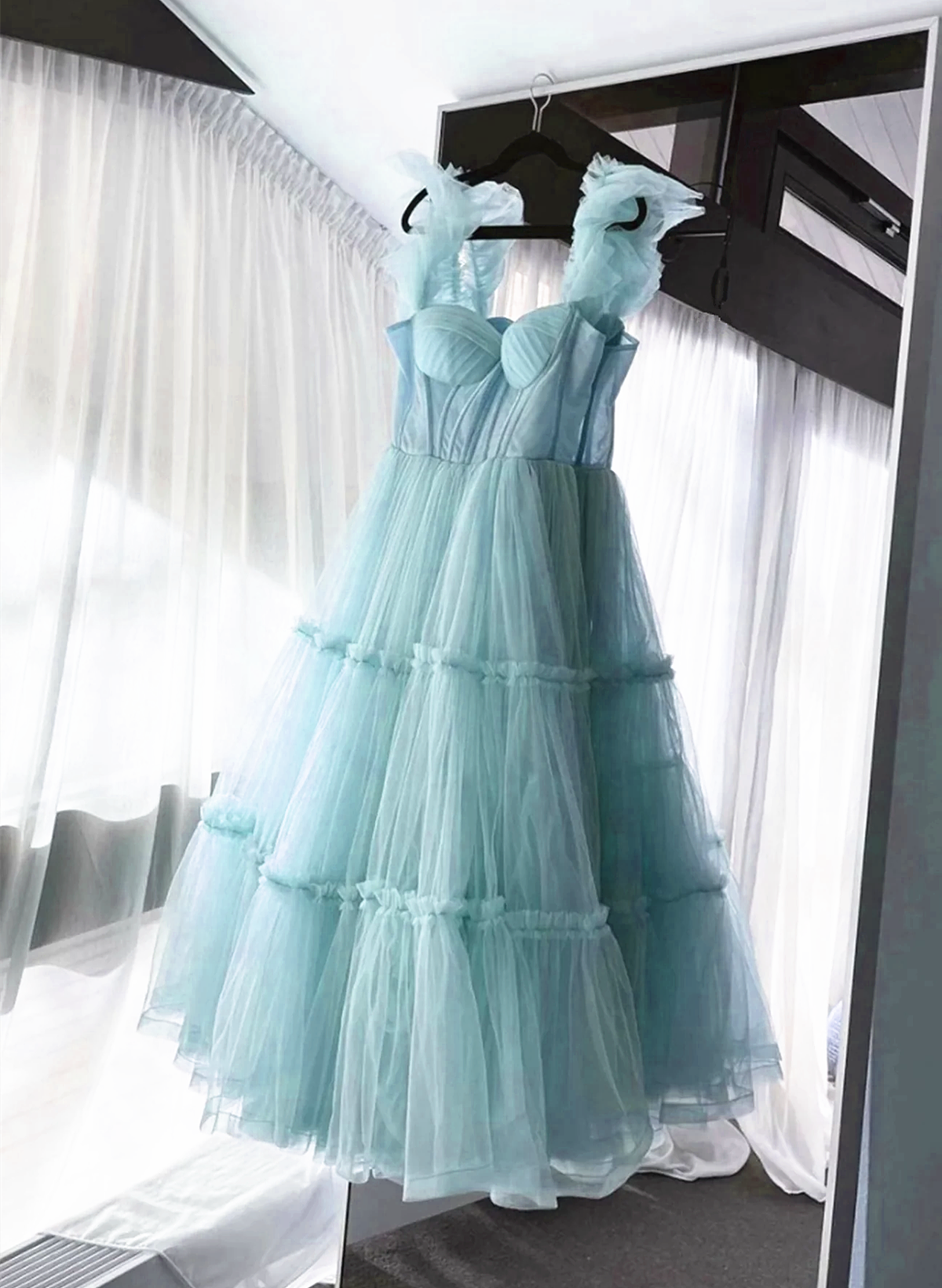 Solvbao Light Blue Tulle Straps Long Party Dress Evening Dress, Light Blue A-line Prom Dress