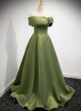 Solvbao Green Scoop Off Shoulder Satin Lace-up Prom Dress, A-line Green Evening Dress