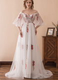 solvbao White Tulle with Lace Off Shoulder Long Party Dress, White Floral Wedding Party Dress