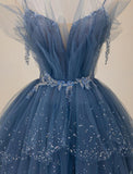 solvbao Blue A-line Beaded Layers Tulle Long Formal Dress, Blue Unique Long Prom Dress