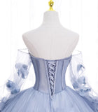 solvbao Light Blue Tulle Long Formal Dress Party Dress, Ball Gown Floral Sweet 16 Dress