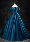 Solvbao Blue Satin Short Sleeves Sweetheart Long Party Dress, Blue A-line Prom Dress Evening Dress